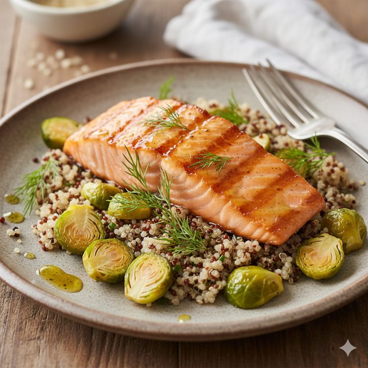 Grilled Salmon with Roasted Brussels Sprouts & Quinoa
