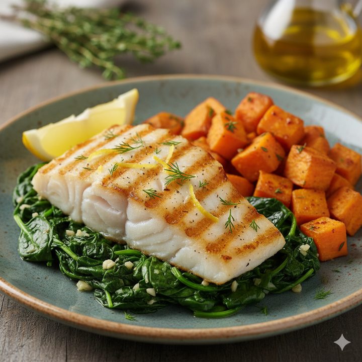 Grilled White Fish with Lemon-Garlic Spinach & Sweet Potato