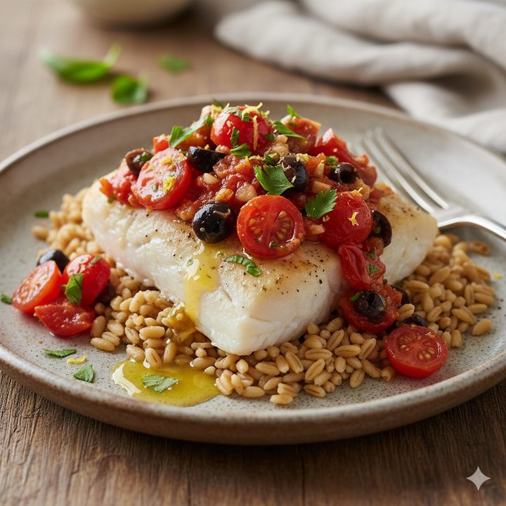 Baked Cod with Tomato-Olive Tapenade & Farro