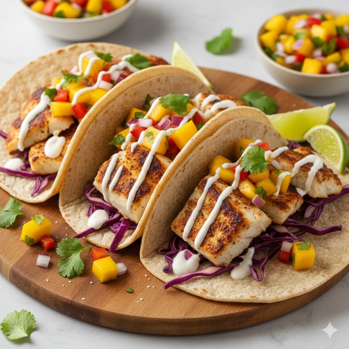 Fish Tacos with Mango Salsa (No Cheese!)